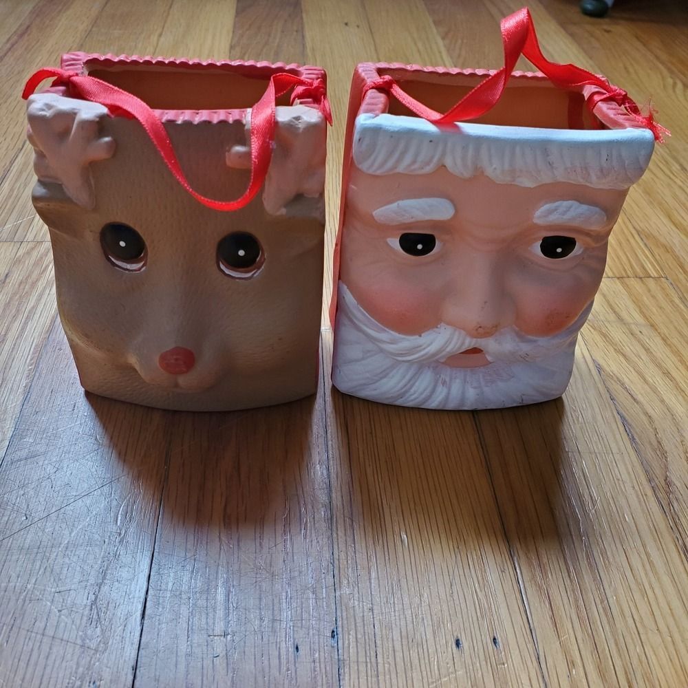 Ceramic Santa and reindeer Rudolph basket bundle Christmas